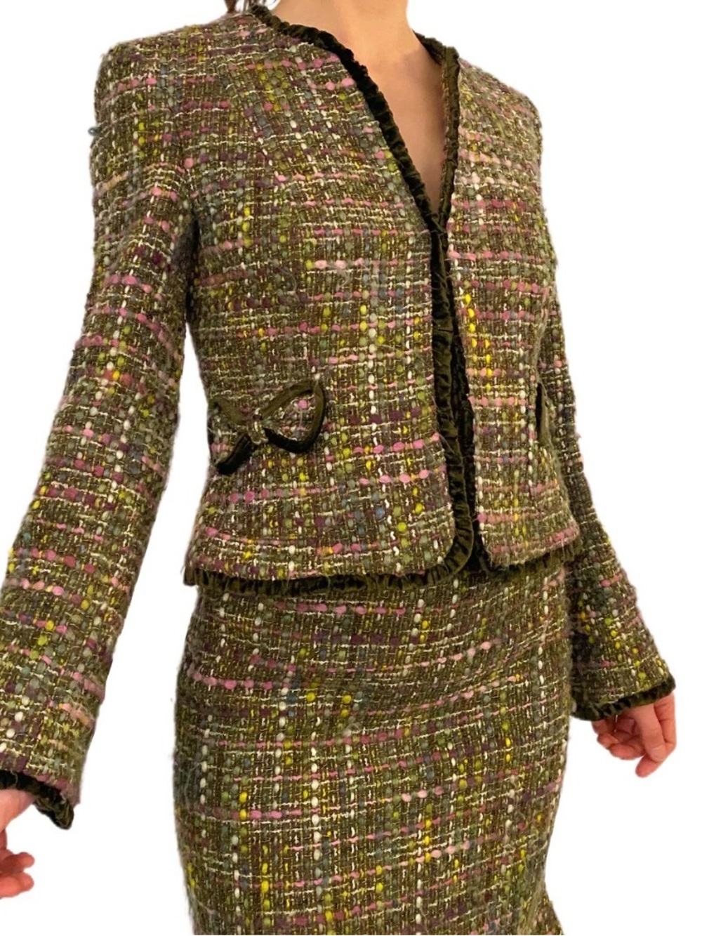Liz Claiborne First Issue Olive Tweed Blazer with Pink and Blue Threads